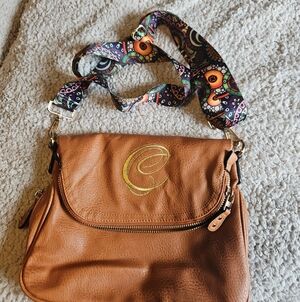 Embroidered C Convertible Crossbody Bag in Camel